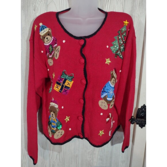 Vintage NutCracker Ugly Christmas Cardigan Women's Sweater Medium Bears & Beads - Picture 1 of 11